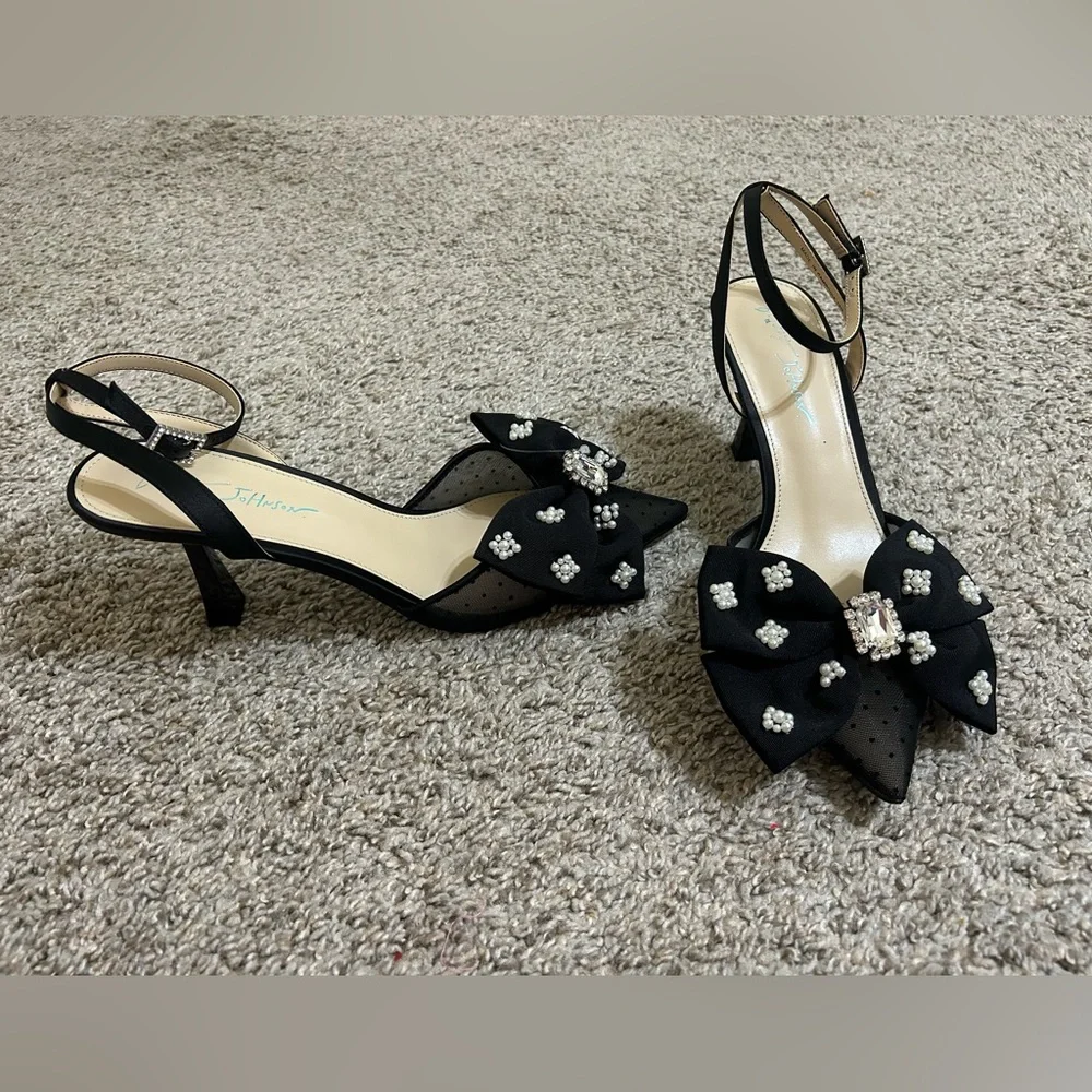 Betsey Johnson Mark Bow Stiletto Heel Pumps Mesh Rhinestone Ankle Strap Size 9.5